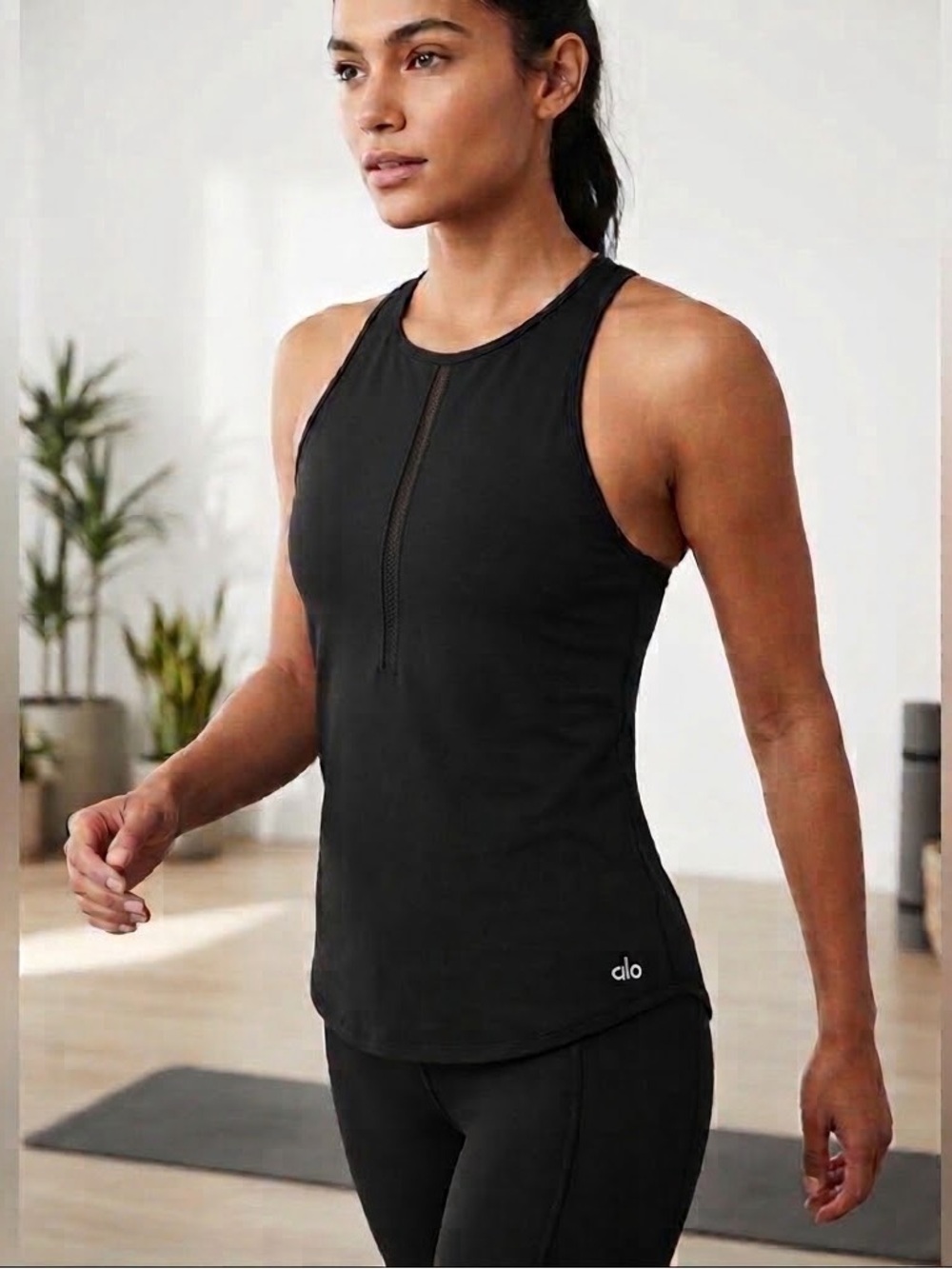 Alo Yoga Black Racerback Tank Top, Small, EUC, Sheer Mesh Detail